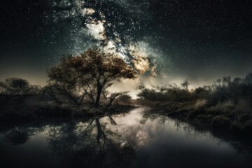 Milky Way galaxy in a panoramic space photograph against a background of stars in the night sky. The galaxy in which our Solar System is located is called the Milky Way. Generative AI