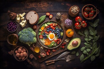 Selection of healthy food on a rustic wooden surface. Generative AI.