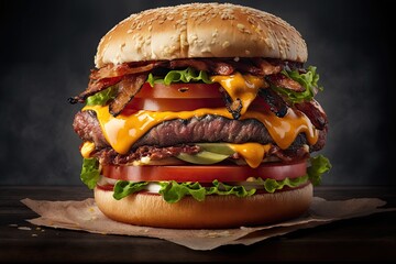 Big fresh burger with cheese and bacon. Generative AI.