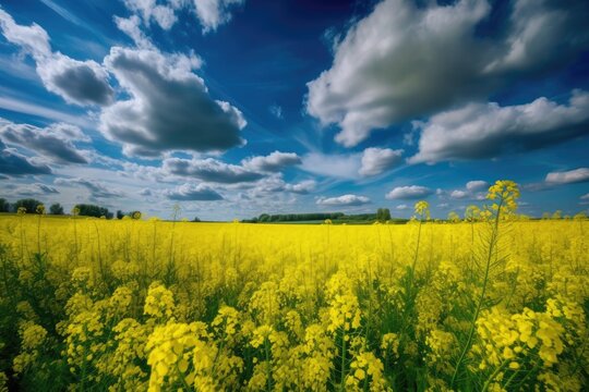 rapeseed field blue sky clouds summer beautiful view panorama landscape yellow flowers field blossoms. Generative AI
