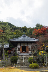 日本　京都府京都市の嵯峨嵐山にある二尊院の雨に濡れた紅葉と九頭龍辨財天