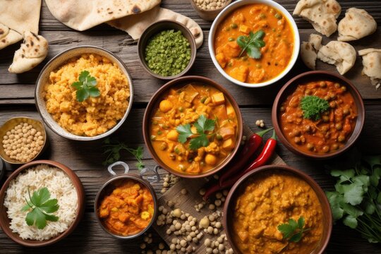 Indian food in several bowls on a background of white wood, top view. Indian food dishes and appetizers. Spices, paneer, chicken, lentils, curry rice, and chapati. Generative AI
