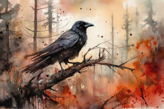 A black raven perched on a branch not far from a burning forest. horror watercolors in red and black. superior illustration. Generative AI