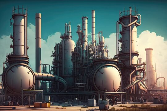 scene of petroleum processing in factory, refinery complex, created with generative ai