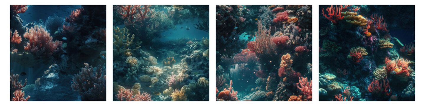 Set of seamless pattern of underwater coral reef and ocean for wallpaper mockup isolated on transparent background - Generative AI