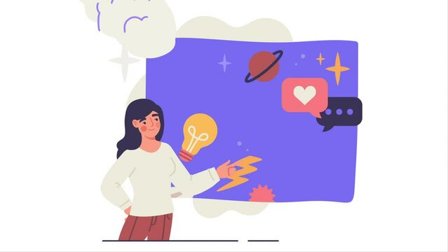 Storytelling in business. Young moving girl entrepreneur presents creative strategy for achieving success in business. Promotion and development of startup. Flat graphic animated cartoon