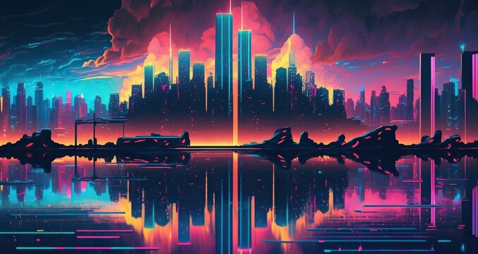 Heart of city towering skyscrapers reflected in river of vibrant neon lights creating a futuristic landscape that felt both surreal and awe inspiring, created with Generative AI technology
