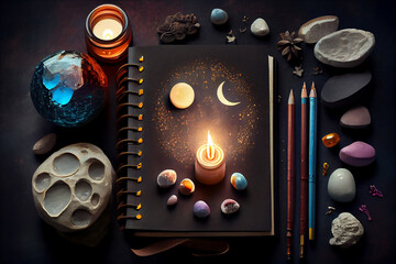 Healing and self-reflection: journal, candle, pen and stones on black textured background with moon phases. - Generative Ai