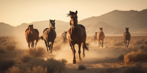 Wild Mustangs running through an open field on a summer day.