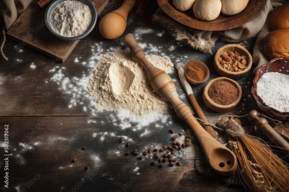 Poster banner featuring a background of a bakery and room for your writing. top view of bakery supplies and
