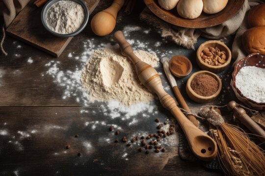Banner featuring a background of a bakery and room for your writing. Top view of bakery supplies and flour against a rustic background. Generative AI