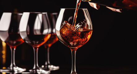 Close up shot of barman hand pouring drink  into a cocktail glass filled with ice cubes. Male bartender preparing fresh cocktail.
