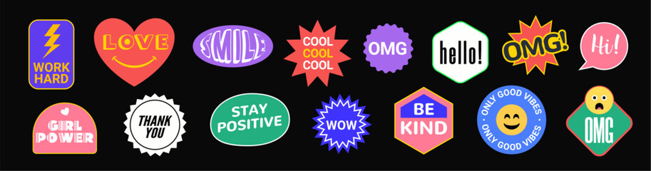 Sticker Vector Pack retro badge cool happy label icon. Sticker patch set design, trendy pop graphic hipster emoji mockup.