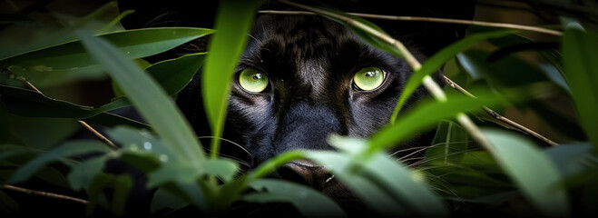 Front view of Panther in jungle leaves. Eyes of panther. animal wildlife. Predator series. digital art	