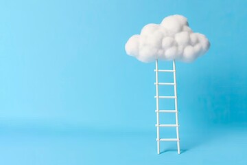 Step ladder leading to clouds. Stairway to the cloud on a blue background. Minimal creative idea concept - obrazy, fototapety, plakaty