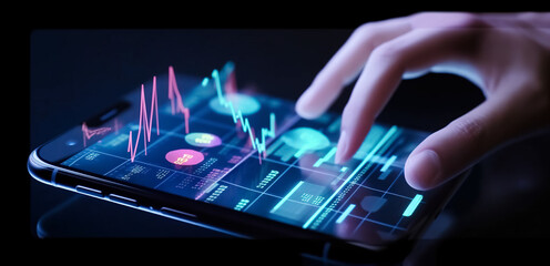 Woman touching mobile phone investing application. Phone hologram. Stock market investment app in hand. Forex investment dashboard. Screen close-up. digital ai art

