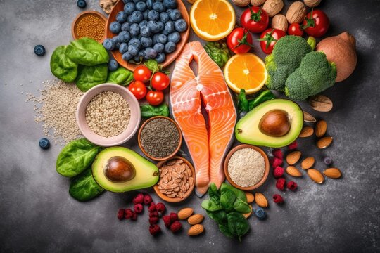 Healthy food clean eating selection fish, fruit, vegetable, cereal, leaf vegetable on background. Generative AI
