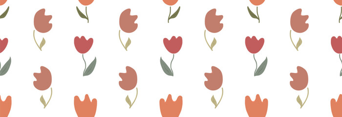 Many tulips on a white background. Spring seamless banner.