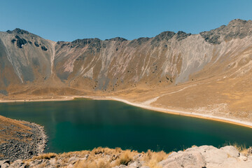 View inside of Volcano Nevado de Toluca National park with lakes inside the crater. landscape near of Mexico City