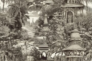 An ink drawing of a tropical park with palm trees, a pagoda, a peacock, and an arch in a summer flowery pattern. exotic jungle wall coverings. Generative AI