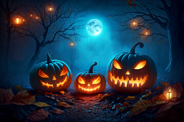 Jack O’ Lanterns Glowing At Moonlight In The Spooky Night, Generative AI