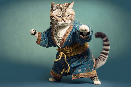 cat in boho clothes doing karate created with Generative AI technology