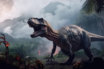 Tyrannosaurus rex in the jungle against the backdrop of an erupting volcano