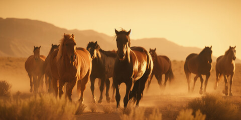 Wild Mustangs running in the desert on a sunny day