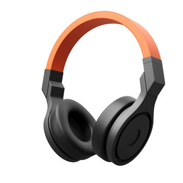 3d render over ear wireless headphones made with orange leather and black plastic for listening favorite song with transparent background