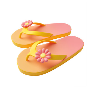 Cute cartoon style gradient yellow color flip flops sandal decorated with flower with transparent background 3d render illustration