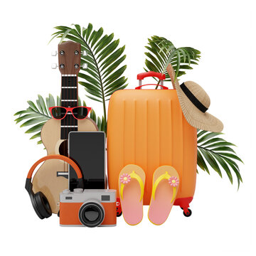 Group of travel design element concept decorated with palm leaves with transparent background 3d render illustration