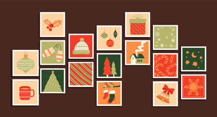 Advent calendar stickers set. New Year and Christmas, symbol of winter holidays and festivals. Collection of gifts, presents and surprises. Cartoon flat vector illustrations isolated on red background