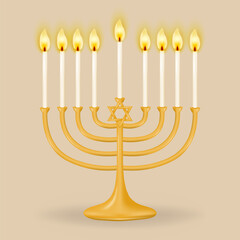 Gold Hanukkiah for nine candles on a beige background. Hanukkah candlestick in the form of a menorah with nine branches. Perfect for your holiday designs. Vector illustration.