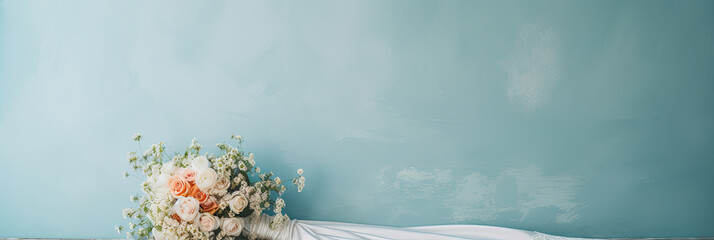 Banner of a wedding dress and bridal flowers bouquet, marriage gown, generative ai illustration on soft blue background with copy space