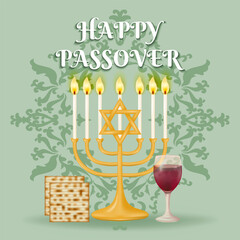 Mark the occasion of Passover with this elegant background featuring the Menorah, Matzah, matzo, and a wineglass of red wine set against a intricate patterned design. Vector illustration.