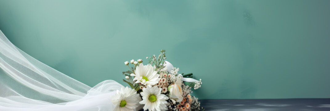 Banner of a wedding dress and bridal flowers bouquet, marriage gown, generative ai illustration on soft green background with copy space