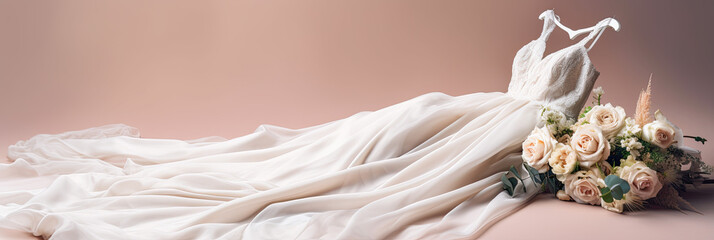 Banner of a wedding dress and bridal flowers bouquet, marriage gown, generative ai illustration on neutral soft pink and orange background with copy space