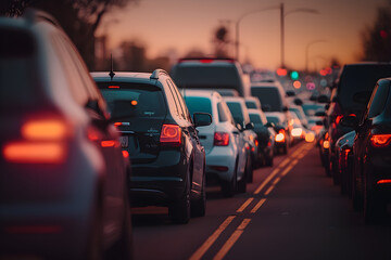 Plakat Cars are stuck in a traffic jam in a big city, blurred background - generative ai