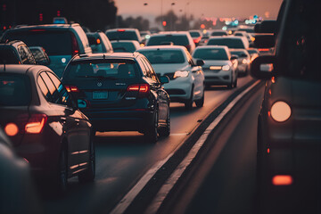Fototapeta premium Cars are stuck in a traffic jam in a big city, blurred background - generative ai