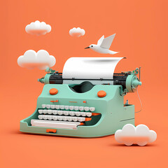 Retro 3d typewriter with blank paper on orange background with clouds and bird. AI generative concept for writing, copywriting, creating content, blog posts, ads, promo materials, storytelling - obrazy, fototapety, plakaty