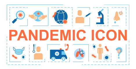 Coronavirus color banner. Collection of pandemic icons. Covid 19 pandemic control and disease prevention, virus treatment concept. Cartoon flat vector illustrations isolated on white background