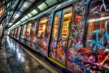 Graffiti Subway Train at a Subway Station - Generative AI