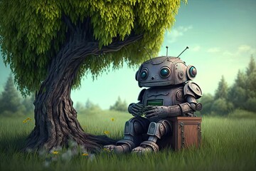 lonely sad robot sitting under tree in garden, created with generative ai