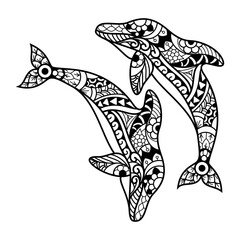 Hand drawn of dolphin jumping in zentangle style