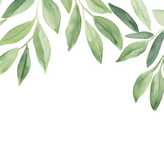watercolor gently green leaves on a transparent isolated background, place for your text. generative AI