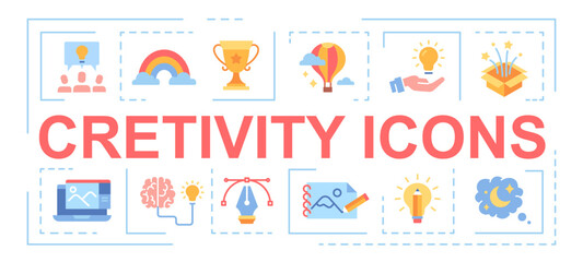 Creativity icons banner. Collection of icons with teamwork on common project. Brainstorming and insight. Mental and cognitive abilities. Cartoon flat vector illustrations isolated on white background