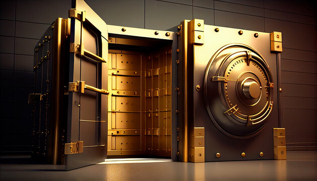 Bank vault with open door. Store Gold bar, inside in Gold vault money. Dollar and euro vault. Inside in bank vault. Generative AI