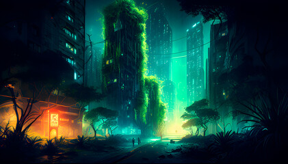 the concept of a city swallowed up by vegetation, generative ai