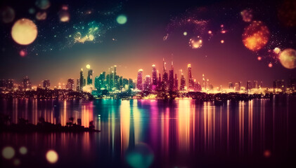 Fototapeta na wymiar bright abstract drawing of a night city full of lights and bokeh, generative ai