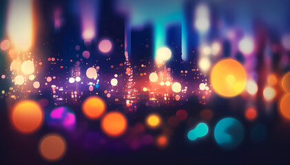 defocused image of a night city full of lights, bokeh in the foreground and a metropolis in the distance, colorful blur cute background image, generative ai